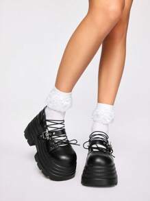 ROMWE Goth Women's Cross Buckle Decor Punk Platform Thick Sole Oxfords - Black - View 1