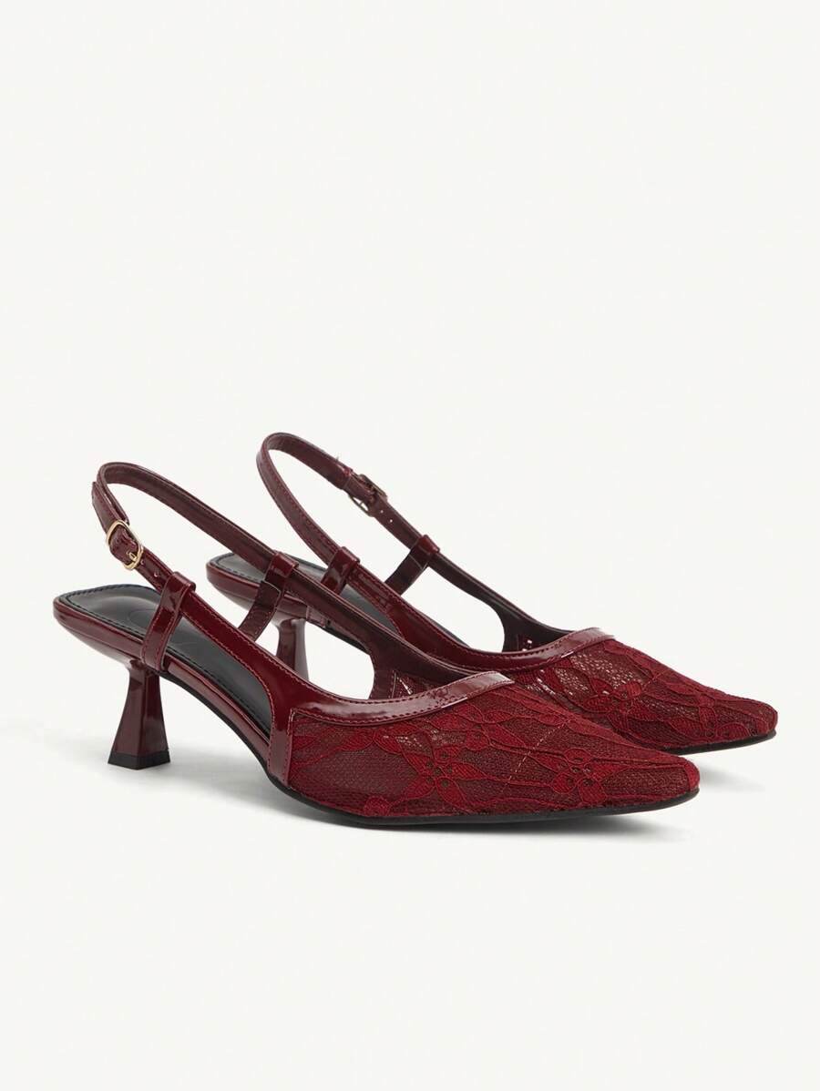 CUCCOO CHICEST CUCCOO Women's Burgundy Lace Backstrap High Heel Shoes, Suitable For Spring And Summer - Burgundy - View 1