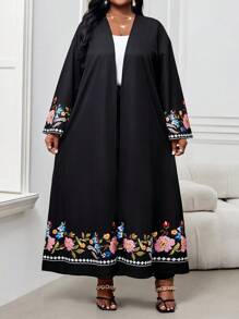 SHEIN Lady Abrigo largo elegante de mujer de talla grande con bordado falso para vacaciones de verano, para mujer, negro, para invitada de boda, cumpleaños casual de mujer, 4 de julio - Negro - Ver 3