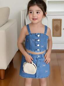 Conjunto de top de tirantes con bordado de lazo y falda vaquera de cintura elástica para niña