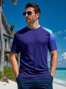 Manfinity Swimmode Men's Gradient Inset Sleeve Rashguard Top, Suitable For Summer Vacation - Blue - View 3