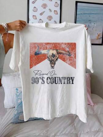 SHEIN CURVE+ Damtröja "RAND 90's COUNTRY" mönstrad - Casual rundhalsad kortärmad topp, countrymusikskjorta, vår/sommar casual ärm, damkläder lämplig för vår/sommar, maskintvättbar