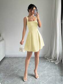 Elenzga Vestido curto feminino casual de verão para férias, liso, decotado, cintura baixa, justo, minivestido feminino