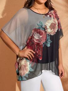 EMERY ROSE Maglietta casual larga con maniche a pipistrello e stampa floreale, taglie forti per donna