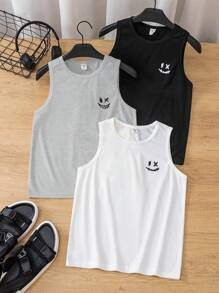 SHEIN Leap Crew 3 件套青少年男童休闲街头服饰可爱图案圆领背心，适合通勤、上学、日常休闲装、运动、春夏季 - 灰色 - 查看 4