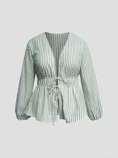 SHEIN LUNE Plus Size Women Woven Striped Blouse, All Season Fall Cloth For Women