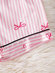 Young Girl Pajamas Pink Bow Striped Satin-Like Trim Colorblock Short Sleeve & Shorts Nightwear Set, Fashion Lapel Casual Homewear Back To School Fashion