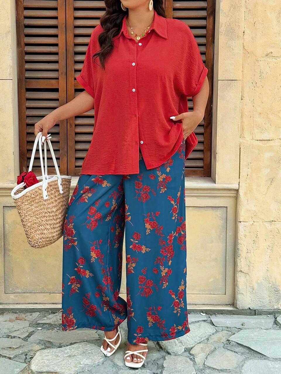 2pcs Women's Plus Size Casual Vacation Contrast Color Set Solid Color Tunic Top And Wide Leg Pants Summer Outfits For Women Set Boho Women's Clothing