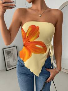 INAWLY Women Floral Print Drawstring Asymmetric Hem Sleeveless Camisole Top