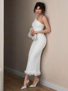 CLARA VERO ONE SHOULDER FEATHER CUFF & HEM SHORT DRESS - White - View 3