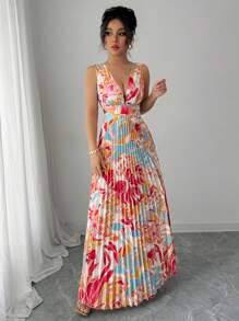Elenzga Vestido sexy con abertura lateral fruncido, cuello en pico y sin mangas con estampado floral ditsy para festival y vacaciones para mujer