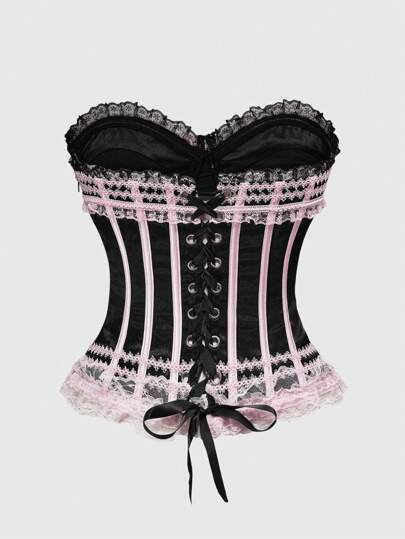 Women's Vintage Palace Style Lace Bowknot Contrast Color Bustier Crop Top For Tea Party