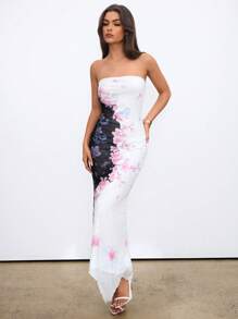 Aloruh Women's Elegant White Midi Dress: Strapless Sleeveless Knitted Bodycon Dress With Cherry Blossom Print For Special Occasions - White - View 3