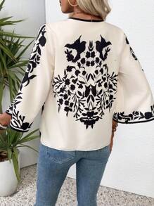 EMERY ROSE Women's Vacation Plant Print 3/4 Sleeve Loose Front Open Casual Lightweight Jacket