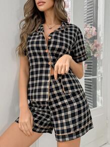 SHEIN Plaid Print Lapel Short Sleeve & Shorts Ladies Pajama Set