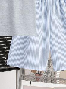 SHEIN Set da 2 pezzi per ragazzo adolescente, composto da maglietta a maniche corte con scollo tondo e pantaloncini a righe, in stile casual estivo, pigiama allentato
