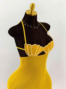 Amplova Summer Outfits For Women Vacation Pearl Shell Print Halter Back Tie Up Bodycon Mini Dress,Party Dress - Yellow - View 4