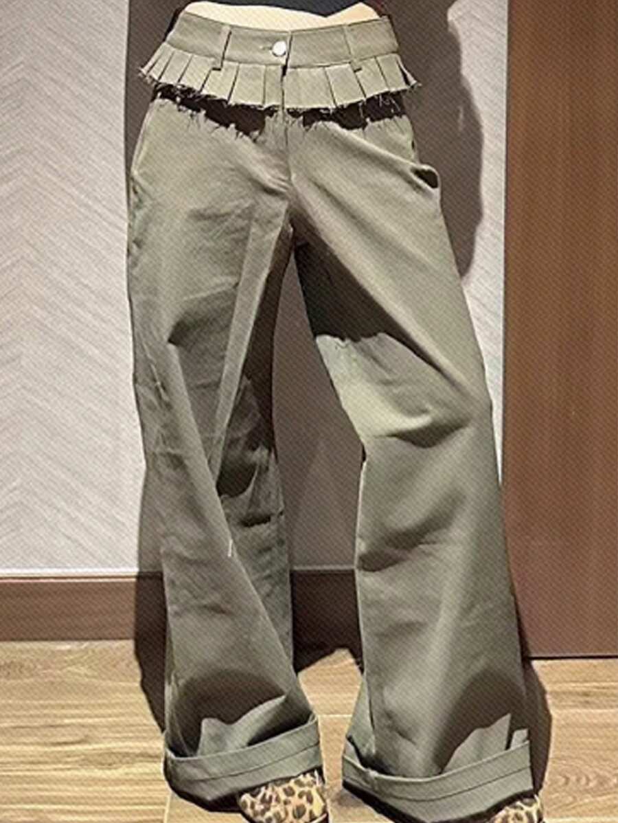 FRIFUL Pantalones anchos de primavera/verano para mujer con cinturilla de volantes y patchwork 2 en 1 - Verde militar - Ver 1