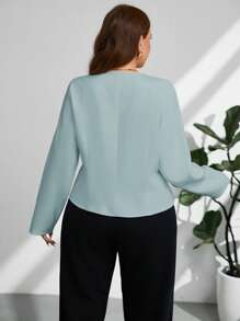 Firerie Camicia bianca elegante e basic, con maniche lunghe e decorazioni con fibbia in metallo, stile casual da ufficio, adatta per primavera/autunno, per taglie forti - Blu - Visualizzare 2