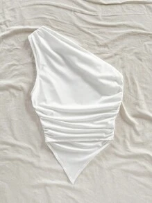 Soleia Women's Floral Print Asymmetrical Hem Sleeveless Ruched Vacation Blouse - White - View 2