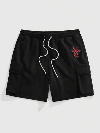 Goth Herren Sommer Lässig Sport Shorts mit Kreuz-Stickerei und Tunnelzug an der Taille