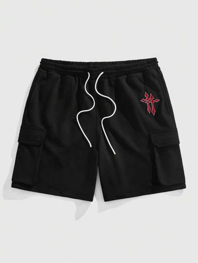 Goth Pantalones cortos deportivos casuales de verano para hombres con cintura con cordón y bordado cruzado