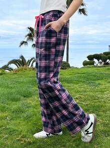 SHEIN EZwear 腰上打結格紋斜口袋長褲 - 彩色 - 查看 5