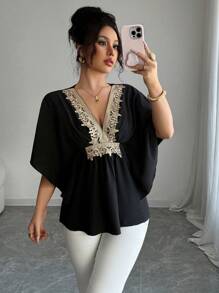 Elenzga Women's Blouse - Random Floral Print, Solid Color, Fashion For Summer - Black - View 6