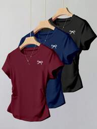 SHEIN 3pcs Teen Girls Set: Casual Bow Print Short Sleeve T-Shirt