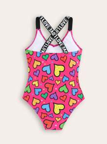 SHEIN Tween Girl 新款时尚彩色心形印花连体泳衣 - 彩色 - 查看 2