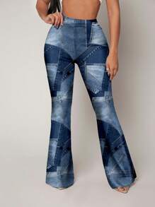 SHEIN SXY 1pc Women High Waist Denim Effect Flare Leg Pants, Suitable For Autumn And Winter,Outgoing - Blue - View 2