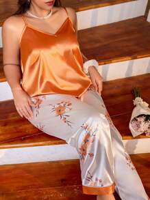 CottageSlumber Set de 2 piezas de pijama de talla grande con estampado floral de contraste de color, incluyendo camiseta y pantalones, para temporada de vacaciones