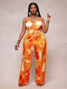 Slaydiva 2025 New Spring/Summer Plus Size Women 2 Pieces Set: Orange Tie Dye Camisole Top With Adjustable Straps And Elastic Waist Fringed Straight-Leg Pants For Beach, Date, Party, Casual - Multicolor - View 6