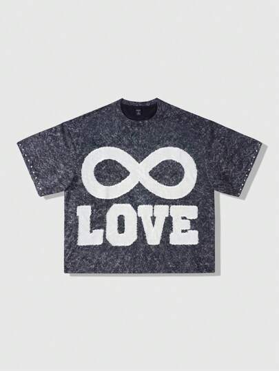 Street Life Men's Grunge Y2K Loose Fit Patch Embroidery & Rhinestones Decorated Short Sleeve T-Shirt