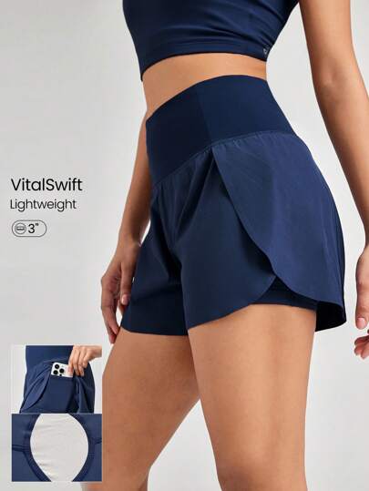 GLOWMODE 3" VitalSwift Quick-Dry Set The Pace High Slit Adjustable Drawstring Waist Shorts With Built-In Shorts Side Pockets Non-Slip Grips Medium Impact Running Jogging Training Gym Workout