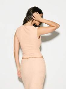 KIZN Textured Ruched Sleeveless Tank Top Draped V-Neck Party Evening Summer Slim Form-Fitting Clubwear Dressy Crop Tank - Orange - View 2