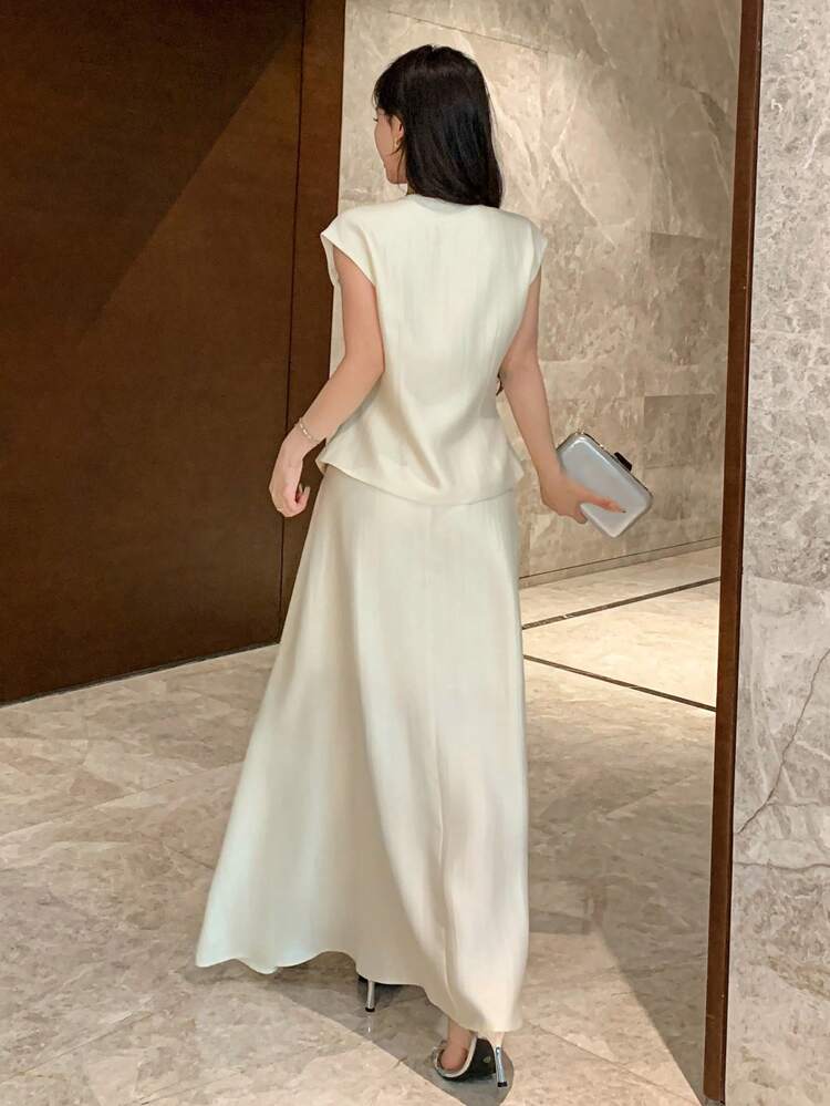 Solid Color V-Neck Camisole & Skirt 2 Pieces Set For Women