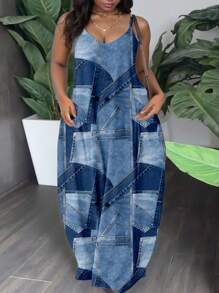 Slaydiva Music Festival Casual Simple Versatile Denim Effect Patchwork Pattern Print Plus Size Dress Suitable For Summer