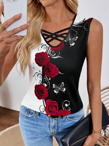 SHEIN LUNE Women Casual Tie-Up Rose Flower Print Tank Top, Suitable For Leisure And Commute - Black - View 3