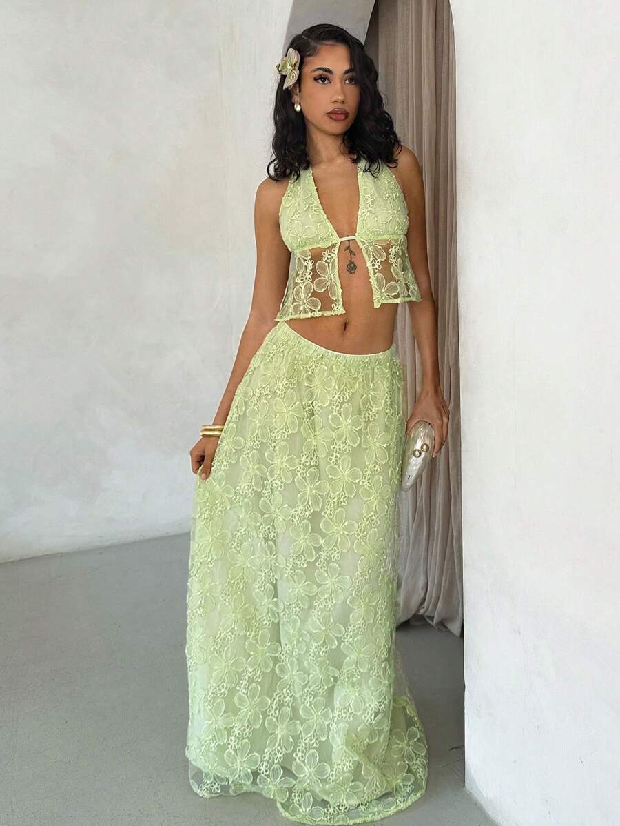 Glamine Ensemble deux pièces pour femme, débardeur à encolure ras-du-cou et jupe longue, texture jacquard romantique pour les vacances de printemps et d'été - Vert - Voir 1