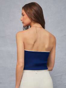 WESTFADE Two Tone Summer Colorblock Strapless Button Front Fitted Sweater Knit Tube Top Spring Beach Casual Cute Vacation - Blue - View 2