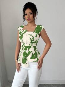 Elenzga 女式度假花卉印花系腰短袖衬衫，夏季 - 綠色 - 查看 5