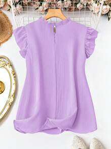 SHEIN LUNE 大码女式纯色荷叶边圆领盖袖休闲衬衫 - 淡紫色 - 查看 2
