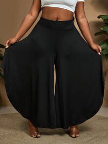 SHEIN CURVE+ Pantaloni larghi asimmetrici di colore tinta unita in taglie comode, Curve Plus, adatto per le vacanze