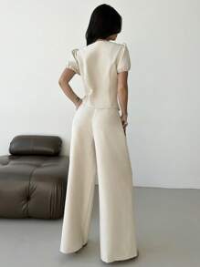 Firerie 节日版职场女士通勤泡泡袖不对称金属纽扣开衫&阔腿亚麻裤修身显瘦杏色通勤套装度假 - 杏色 - 查看 3