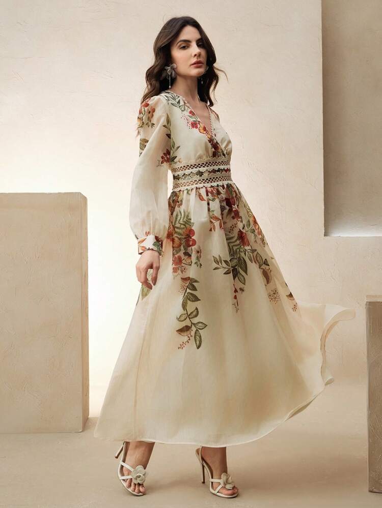 Women's Long Sleeve Lace Trim V-Neck Waist Floral Print Elegant Flare Sleeve Midi Dress, Suitable For Vacation, Spring/Summer, Festival, Graduation
