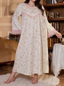 PalaceNights Contrast Lace Patchwork Half-Open V-Neck Faux Pearl Button Decor Plus Size Floral Long Sleeve Nightgown, Moo Moo Sleep Dress, Fall, Winter