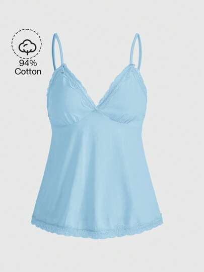 Fairycore Camisola casual de verano de unicolor con ribete de encaje