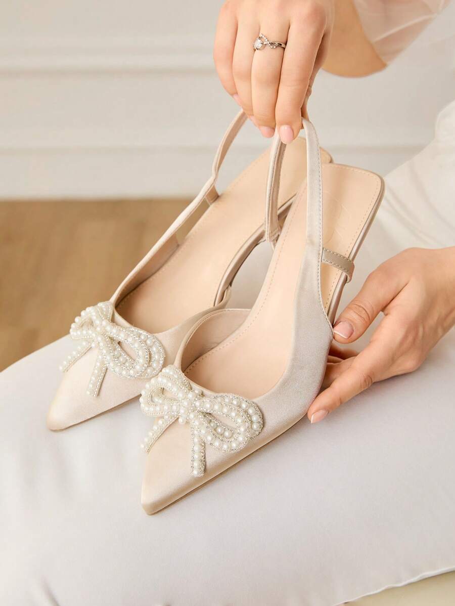 CUCCOO HITCHD Women's Pearl Bow Pointy Toe Kitten Heels, Elegant Sweet Romantic Apricot Satin High Heels For Brides, Bridesmaids, Afternoon Tea, Date, Graceful Outfit, Wedding Season - Apricot - View 1