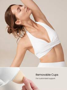 GLOWMODE FeatherFit™ Deep V Neck Adjustable Halter Cropped Sports Bra With Crossover Bust Low Impact Yoga Daily